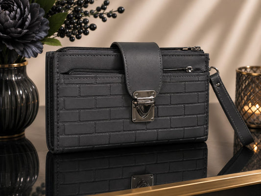 Charcoal Grey Brick-Embossed Wristlet Wallet