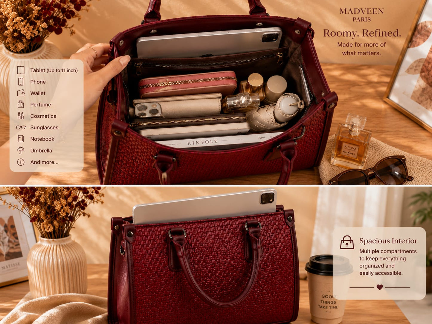 Madveen Paris Burgundy Woven Tote Handbag for Women