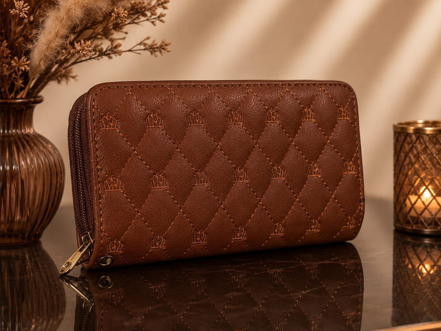 Quilted Crown Zip-Around Wallet