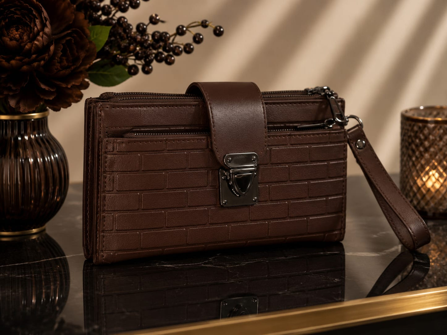 Charcoal Grey Brick-Embossed Wristlet Wallet