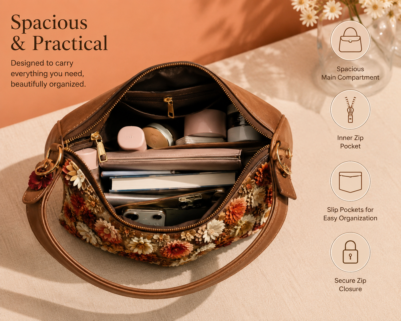 Madveen Paris Floral Print Hobo Shoulder Bag for Women