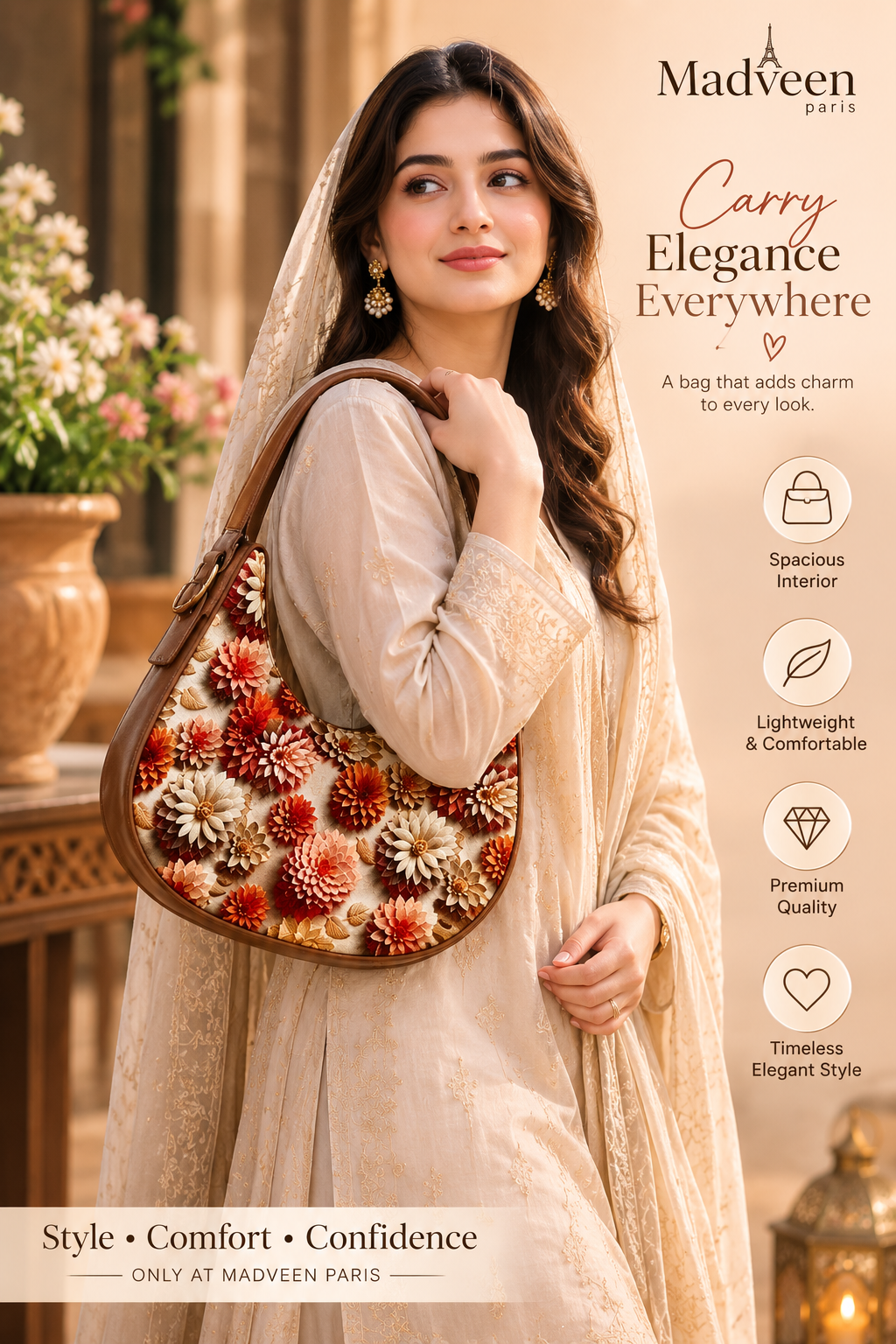 Madveen Paris Floral Print Hobo Shoulder Bag for Women