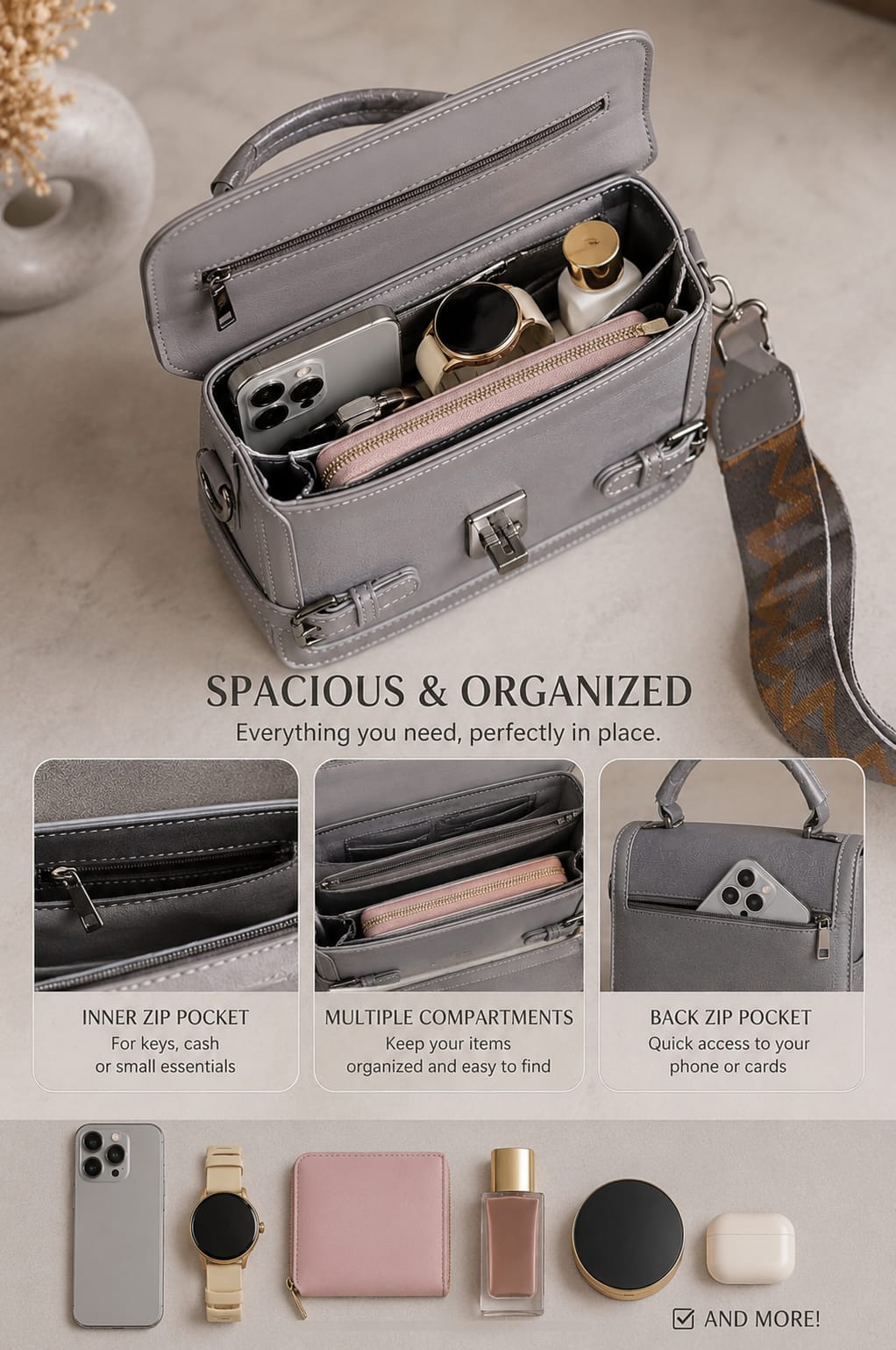 Madveen Paris Luxury Pearl Gray Crossbody Satchel  for Women