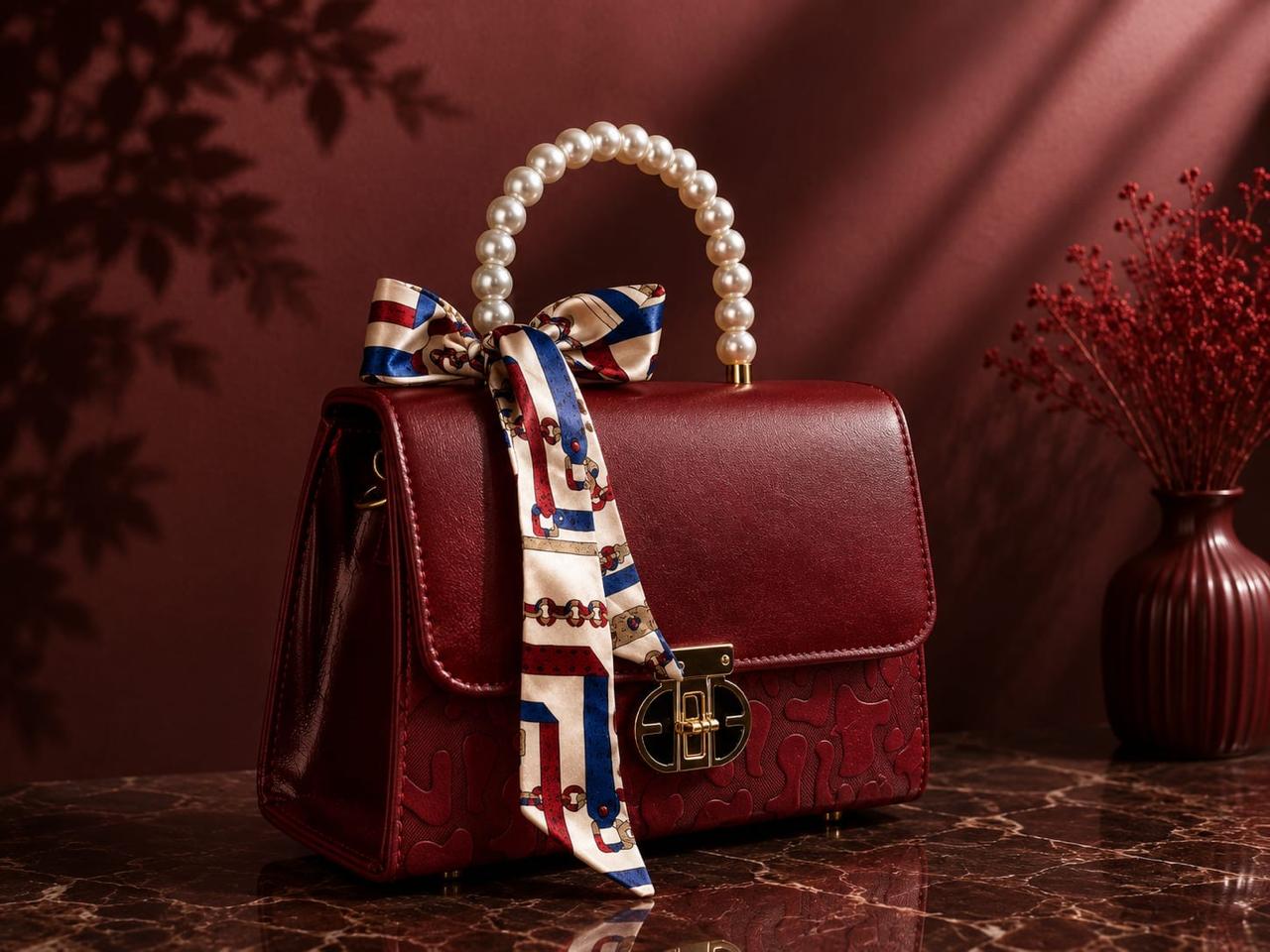 Luxury Pearl handle hand bag for women with floral Bow