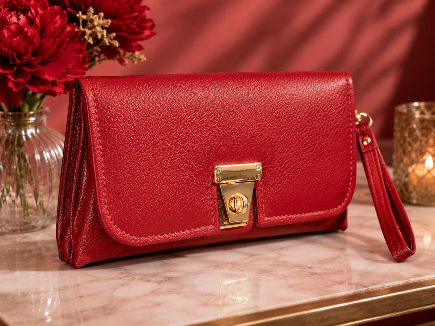 Red Leather Turnlock Wristlet Wallet