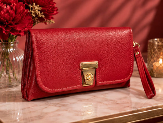 Red Leather Turnlock Wristlet Wallet