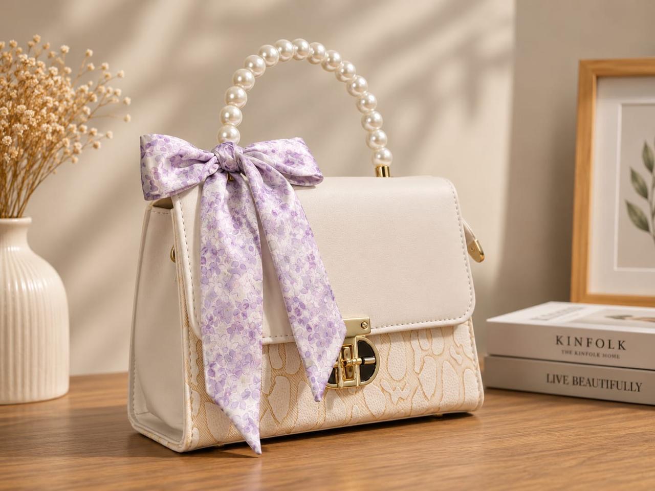 Luxury Pearl handle hand bag for women with floral Bow